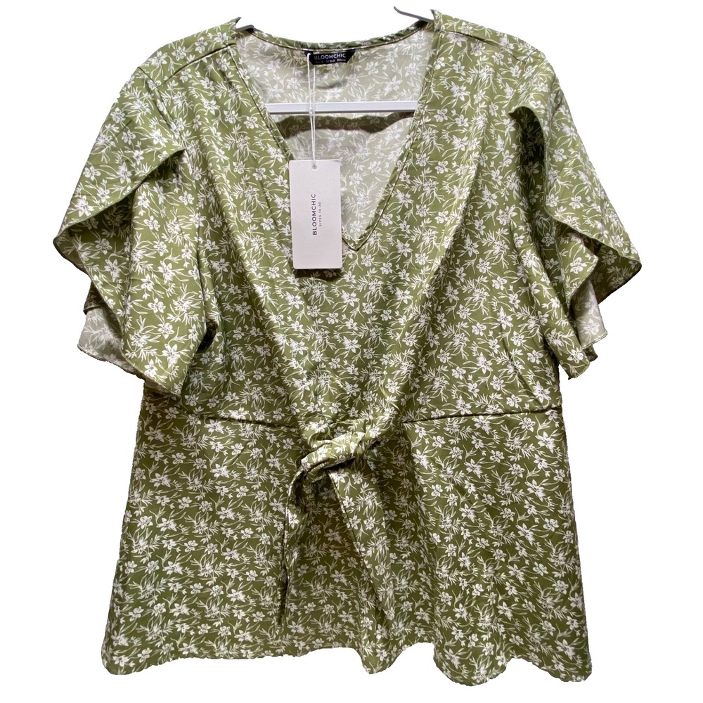 BloomChic Peplum Blouse Women's 14-16 Sage Green Floral V-Neck Career Casual NWT